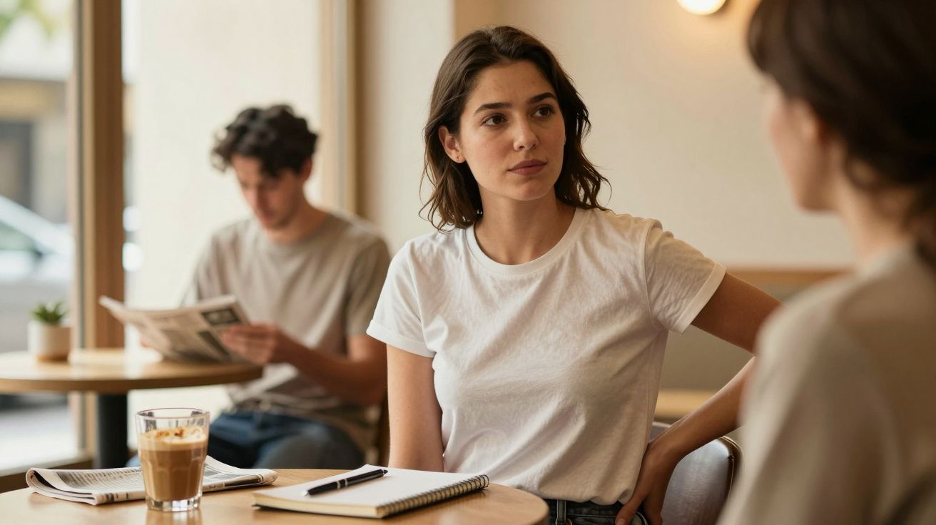 Frau in weißem T-Shirt unterhält sich in einem Café, während ein Mann im Hintergrund Zeitung liest.