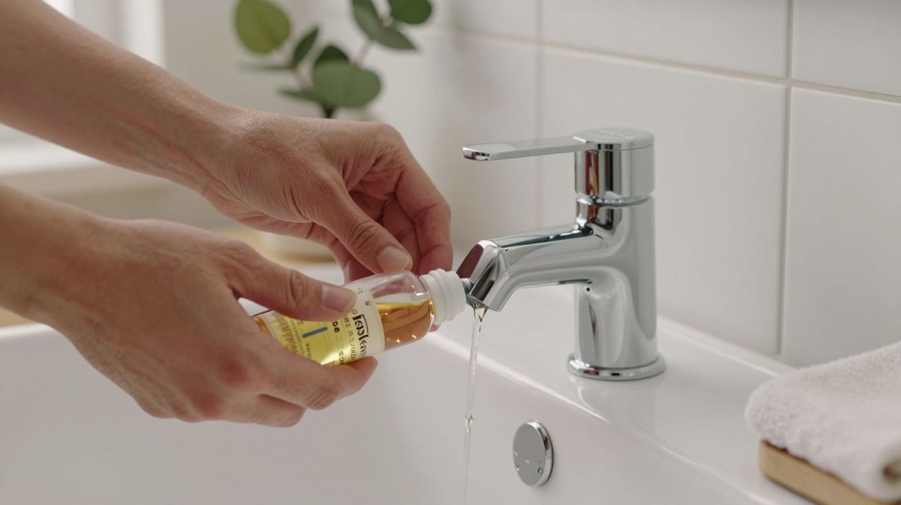 Hände füllen Flüssigseife in ein Waschbecken mit laufendem Wasserhahn.