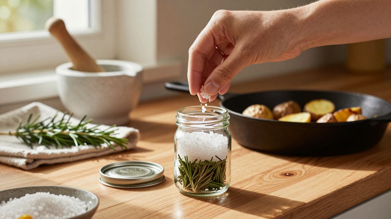 Hand streut Salz aus Glas über Bratkartoffeln, mit Rosmarin dekoriert, auf einer Holzarbeitsfläche in der Küche.