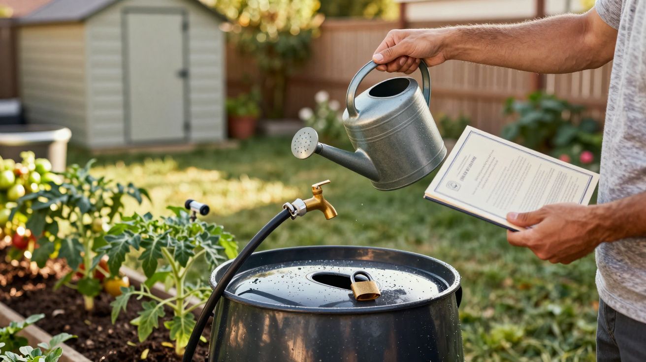 Mann gießt Wasser in Fass im Garten, hält Anleitung in der Hand, Gemüsebeet und Schuppen im Hintergrund.