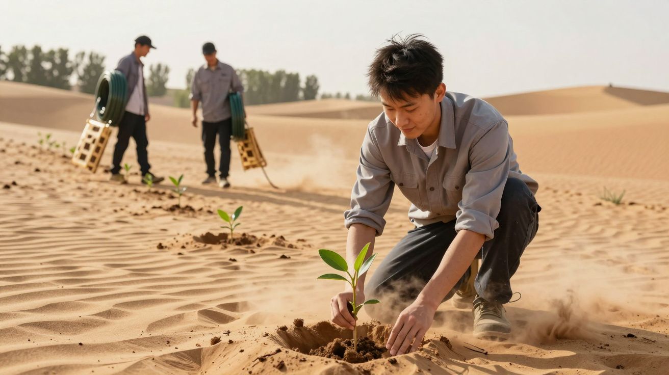 Mann pflanzt Setzling in sandiger Wüste, weitere Personen im Hintergrund mit Geräten, Bäume in der Ferne.