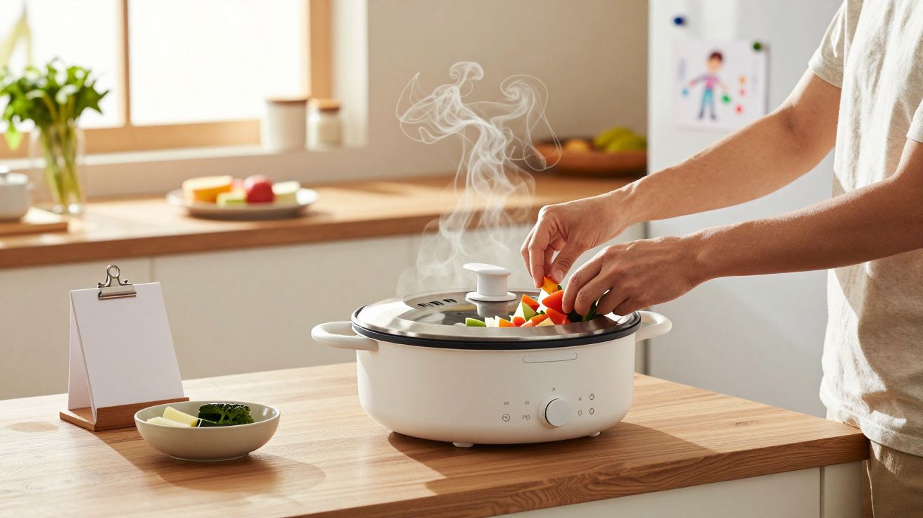 Person kocht mit einem Dampfgarer Gemüse auf einer Küchenarbeitsfläche.