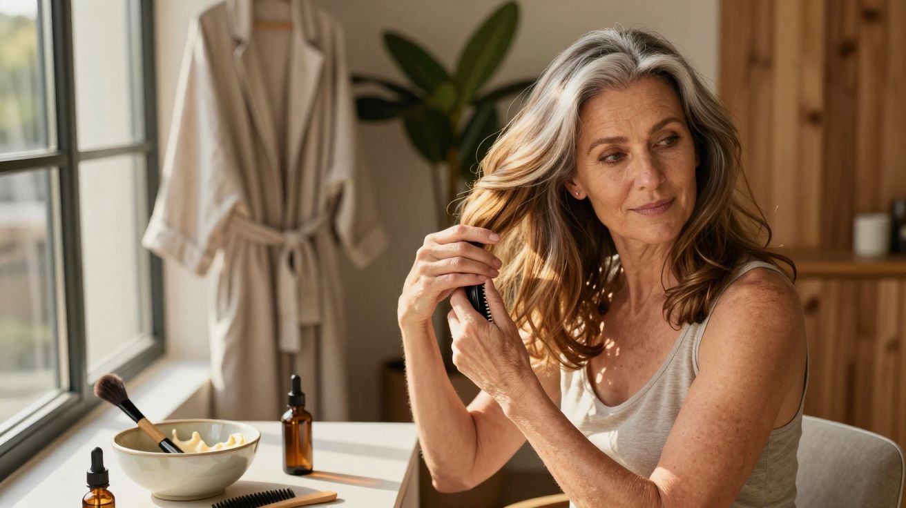 Ältere Frau kämmt Haare im Sonnenschein am Fenster, mit Pflegeprodukten auf einem Tisch.