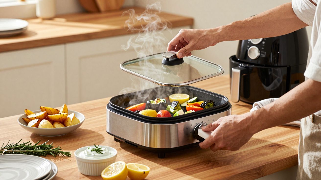 Person öffnet einen Elektrogrill mit dampfendem Grillgemüse, daneben geschnittene Zitronen und eine Schüssel mit Kartoffeln.