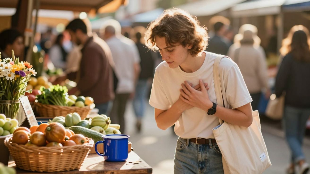 Person am Marktstand mit Obst und Gemüse, hält sich die Brust und trägt eine Stofftasche.