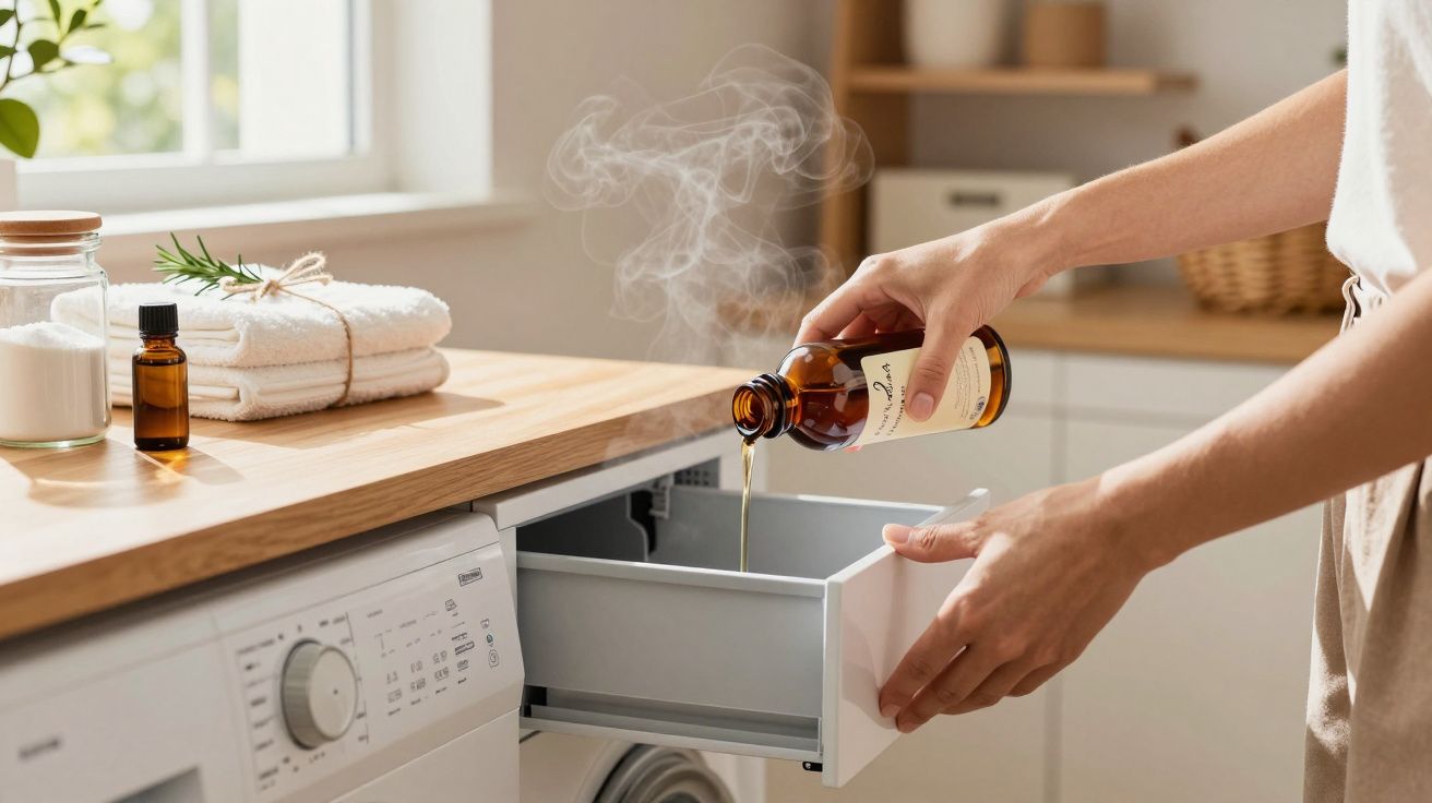 Person gießt Öl in Waschmaschinenfach, umgeben von Handtüchern und Glasflaschen auf Holzarbeitsfläche.