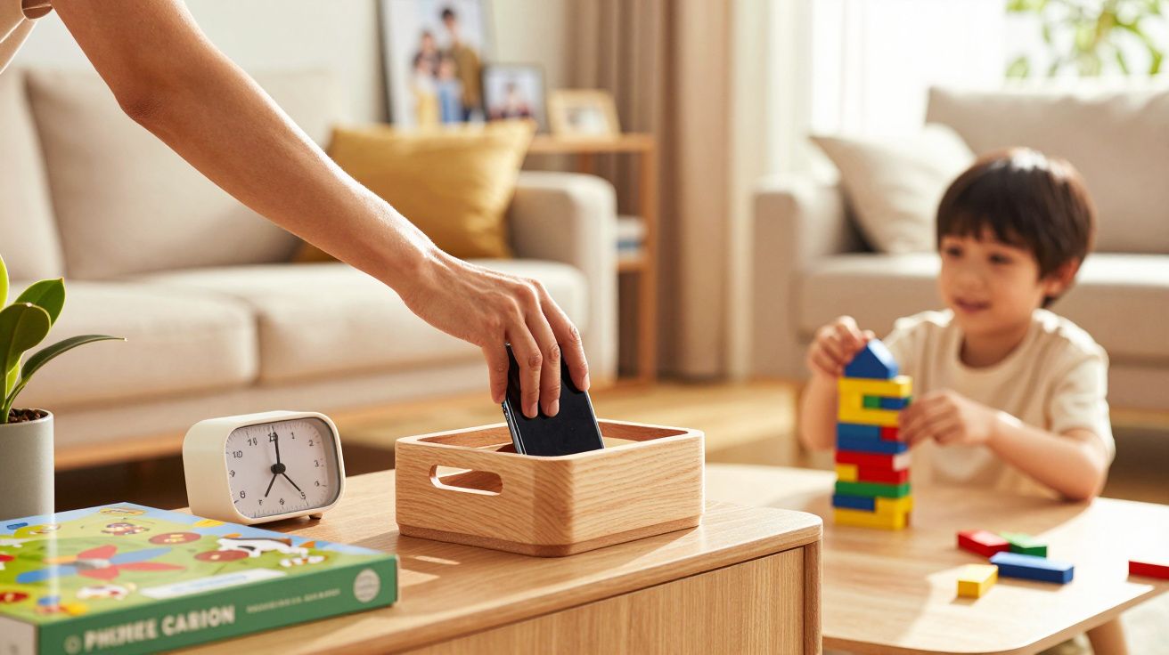 Eine Hand legt ein Smartphone in eine Holzbox, während ein Kind mit bunten Bauklötzen spielt.