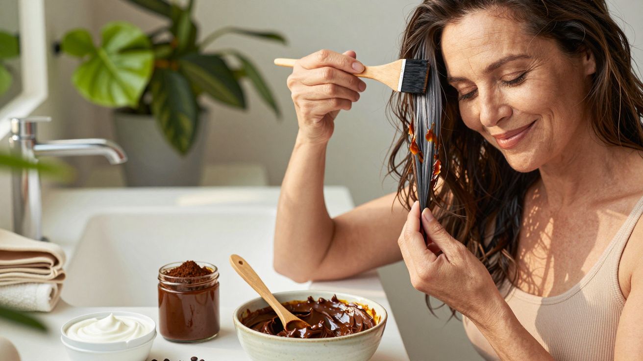 Frau trägt Schokoladen-Haarmaske auf, während sie in einem Badezimmer steht, mit Pflanzen im Hintergrund.