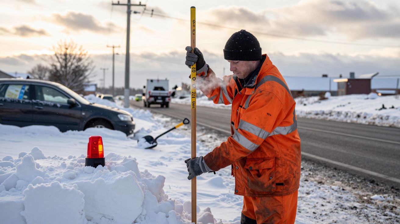Ein Mann in oranger Arbeitskleidung misst Schnee am Straßenrand mit einem Messstab.