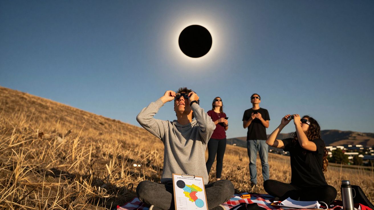 Menschen beobachten eine Sonnenfinsternis in einer trockenen Landschaft, einige nutzen spezielle Brillen.