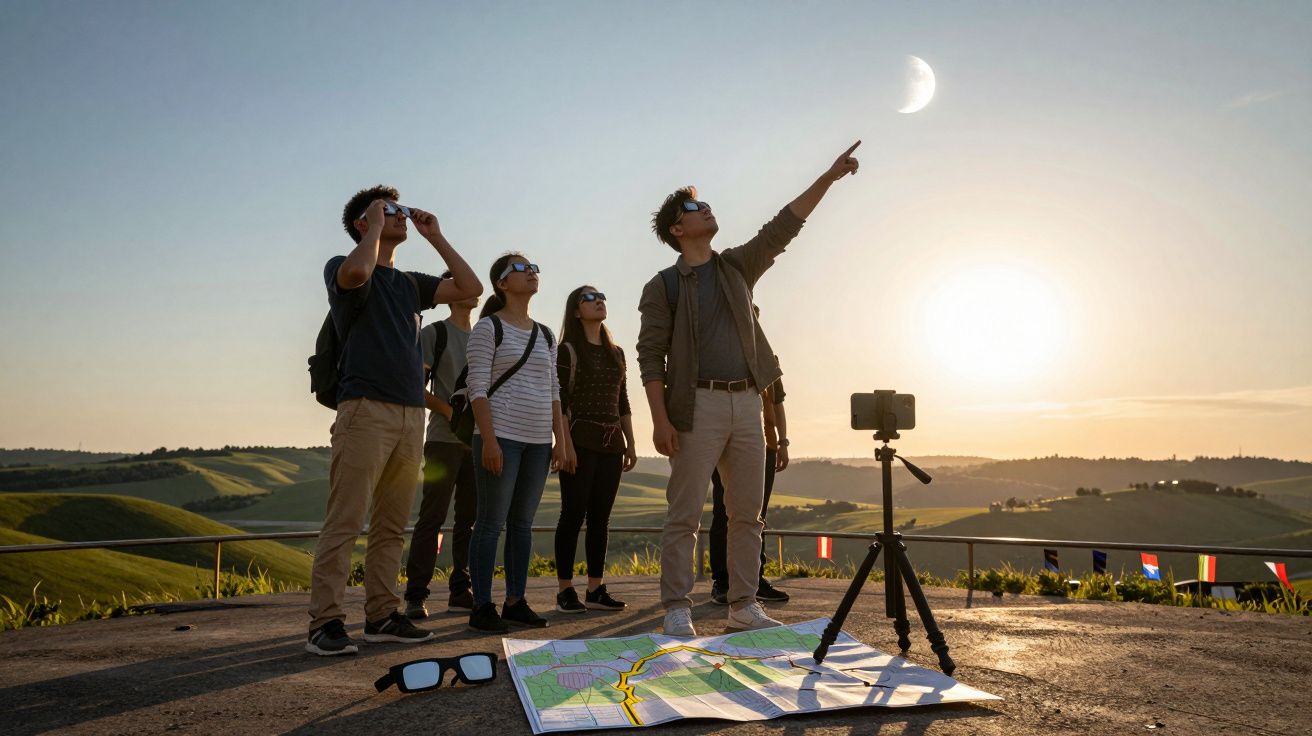 Gruppe von Personen mit Sonnenbrillen beobachtet Himmel bei Sonnenuntergang. Karte und Stativ auf Boden.