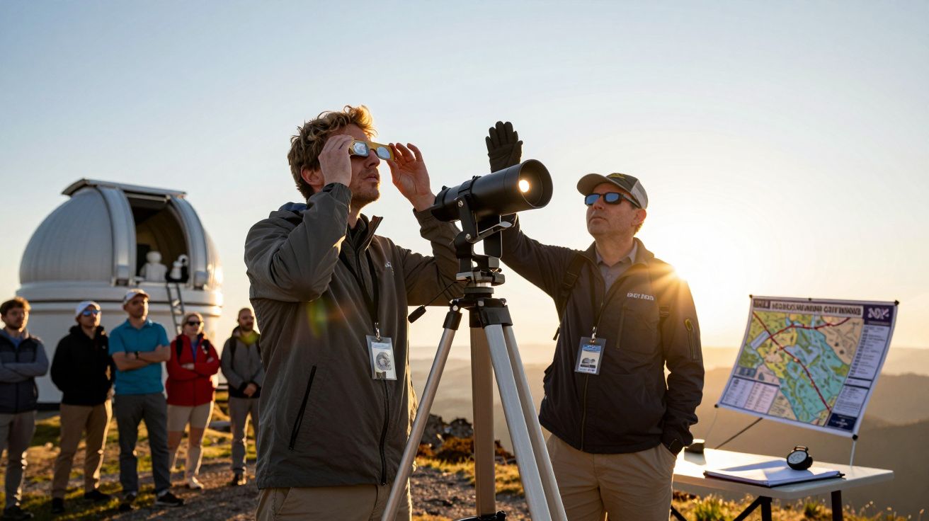 Astronomen beobachten den Himmel durch ein Teleskop bei Sonnenuntergang, mit einem Observatorium im Hintergrund.