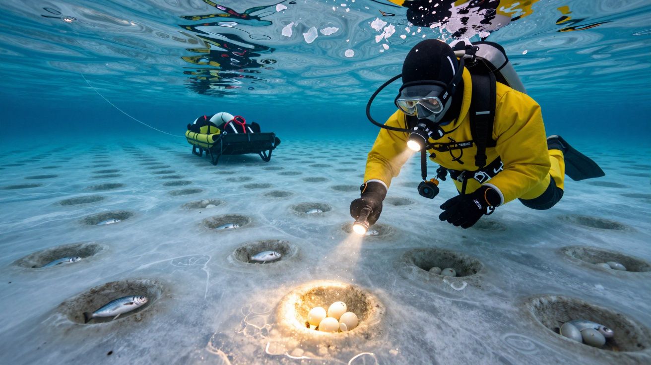 Taucher im gelben Anzug untersucht unter Wasser Röhre mit Eiern und Fischen, begleitet von Schlitten mit Ausrüstung.