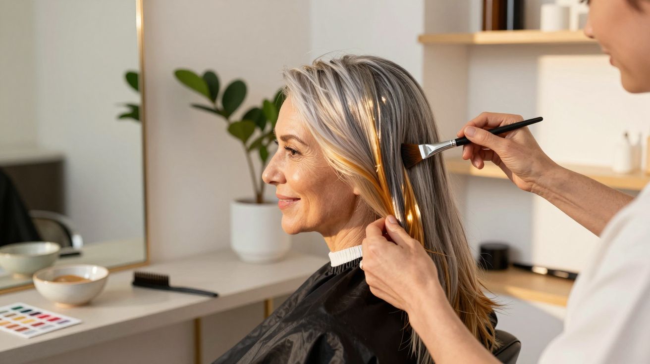 Frau im Friseursalon, die sich ihr Haar färben lässt, während sie lächelt.