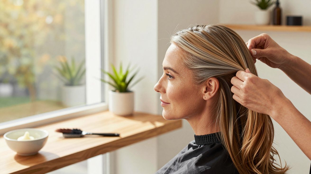 Frau bekommt Frisur im Salon, sitzt vor Fenster mit Pflanzen, Hände stylen ihr Haar.