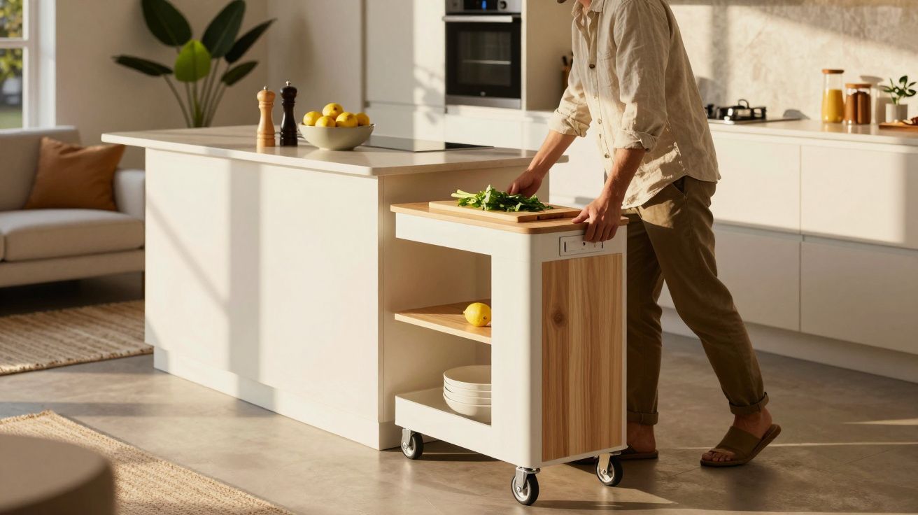 Person schiebt mobilen Küchenwagen in moderner Küche; Obstschale und Gewürze auf der Arbeitsfläche.