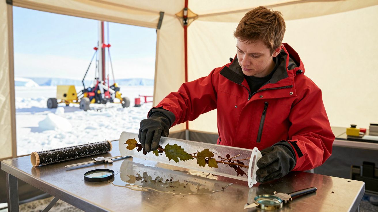 Ein Mann in roter Jacke untersucht Pflanzenproben in einem Zelt auf einer verschneiten Landschaft.