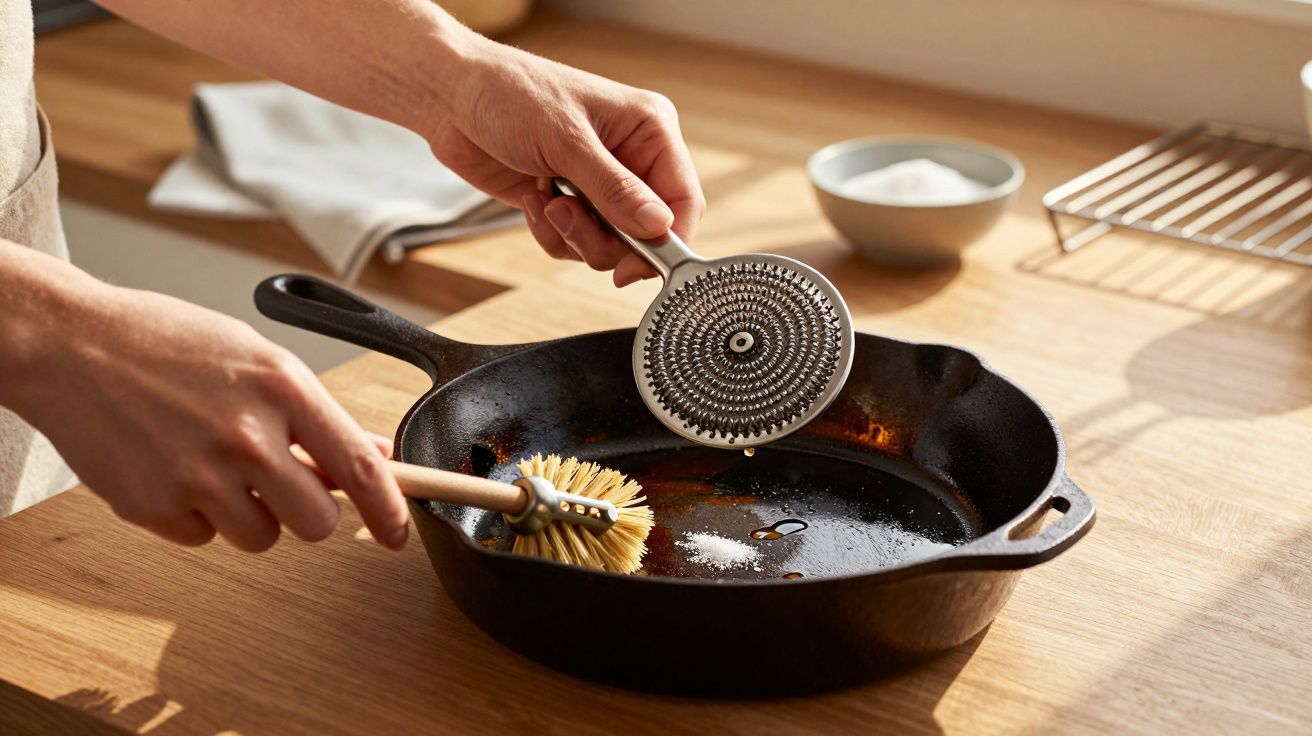 Eine Person reinigt eine gusseiserne Pfanne mit einer Bürste und einem runden Metallschaber auf einer Holz-Arbeitsplatte.
