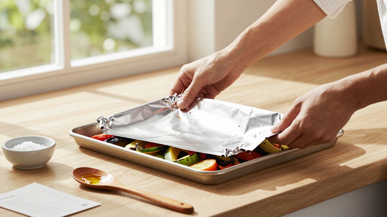 Person bedeckt Ofengemüse auf einem Blech mit Alufolie, daneben Holzlöffel und Schälchen auf Holzarbeitsplatte.