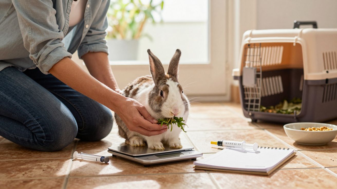 Person wiegt Kaninchen auf einer Waage, daneben Transportbox und Futterschalen auf Fliesenboden.