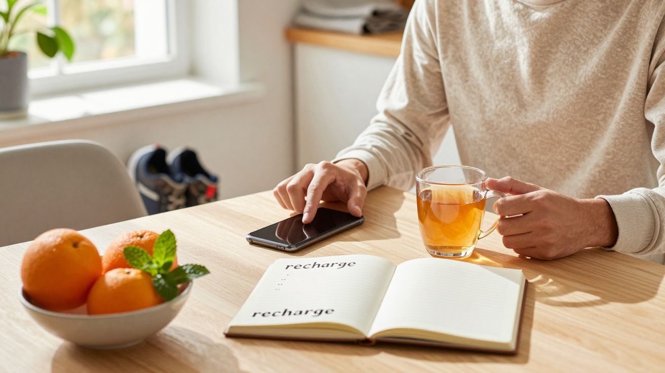 Person am Tisch mit Tee, Smartphone und Notizbuch, darauf "recharge". Schüssel mit Orangen im Vordergrund.