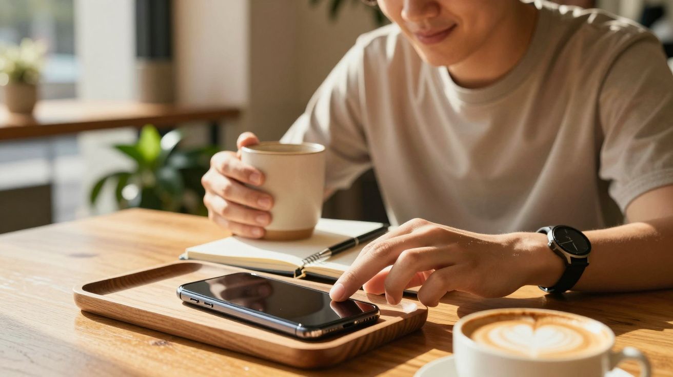 Person im Café, hält Tasse, neben Notizbuch und Smartphone auf Holztablett, Latte im Vordergrund.