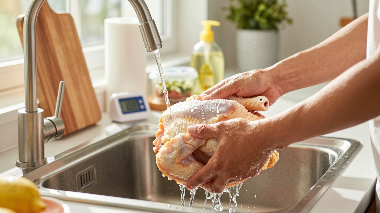 Person wäscht ein ganzes Huhn unter fließendem Wasser in einer Küchenspüle, Küche im Hintergrund sichtbar.