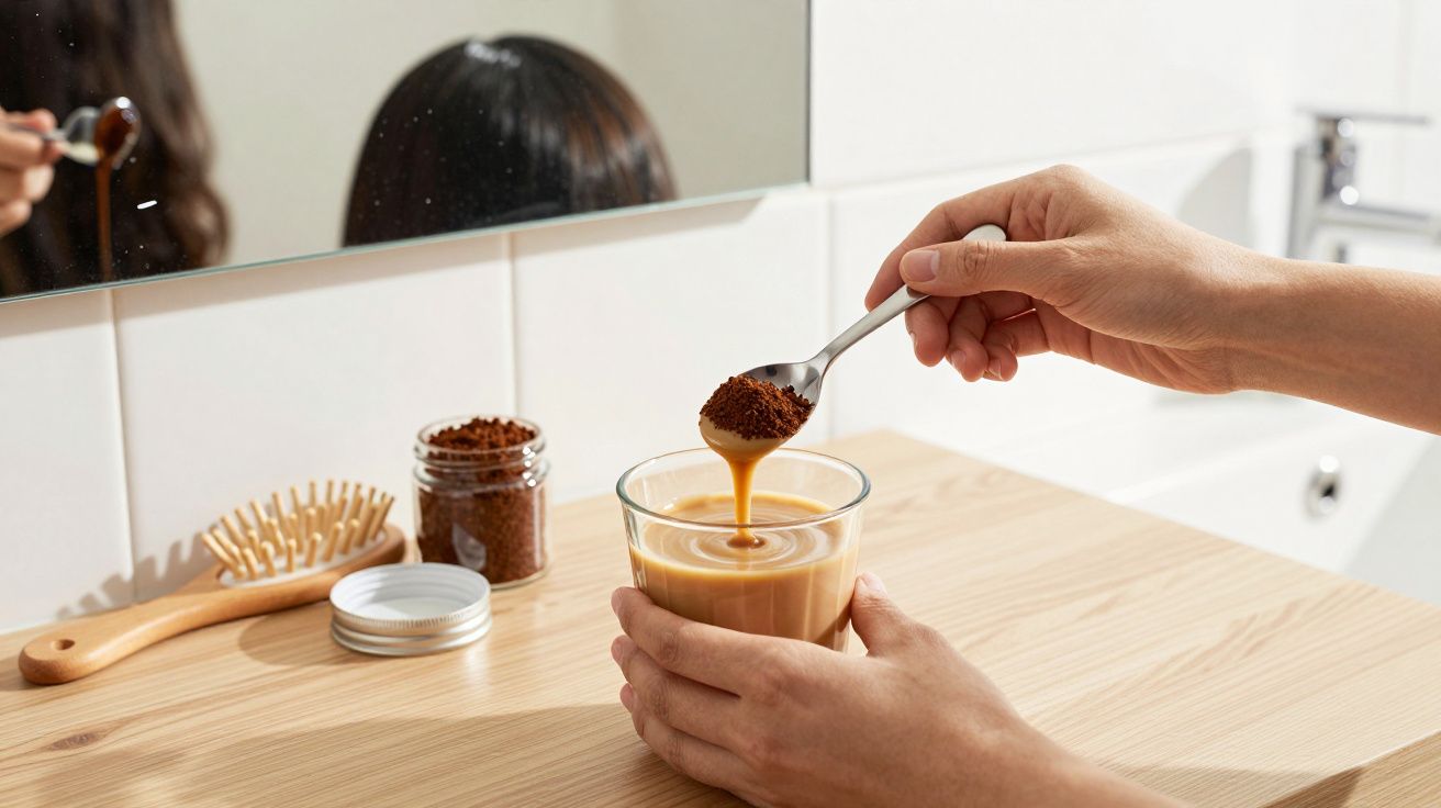 Eine Hand rührt Instantkaffee in ein Glas mit Kaffee. Daneben ein Glas mit Kaffeepulver und eine Haarbürste.