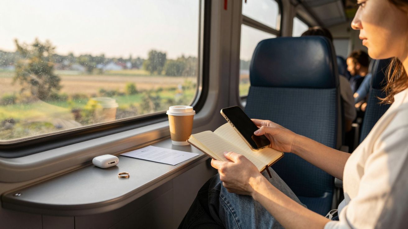 Frau im Zug, liest Buch mit Handy, Kaffeebecher und Kopfhörer auf Tisch, ländliche Landschaft im Fenster.