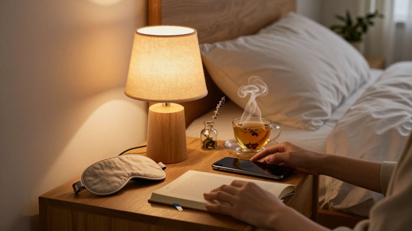 Nachttisch mit Lampe, Teetasse, Smartphone, Schlafmaske und aufgeschlagenem Buch mit Händen in gemütlicher Schlafzimmeratmosp