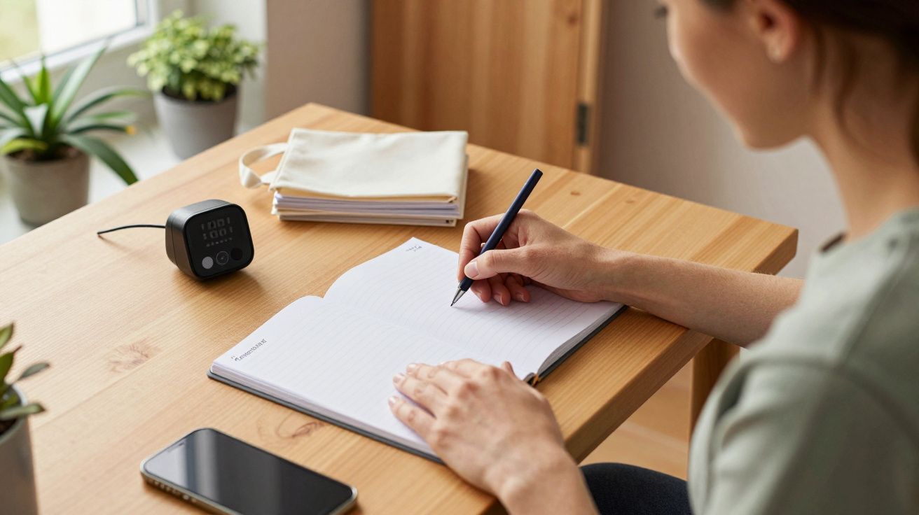 Frau schreibt in Notizbuch am Schreibtisch, Smartphone und Pflanzen daneben, Tageslicht durch Fenster.