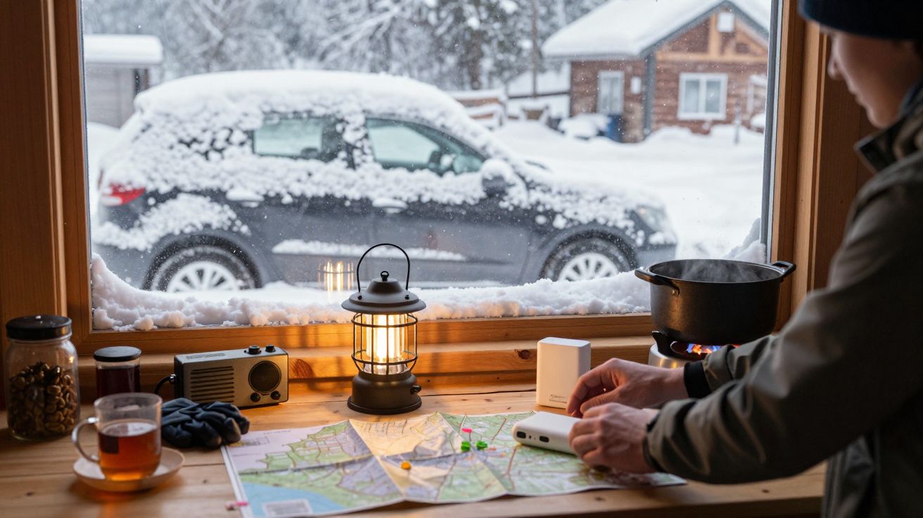 Person bei Tisch mit Karte, Tee und Laterne; schneebedecktes Auto draußen vor dem Fenster.