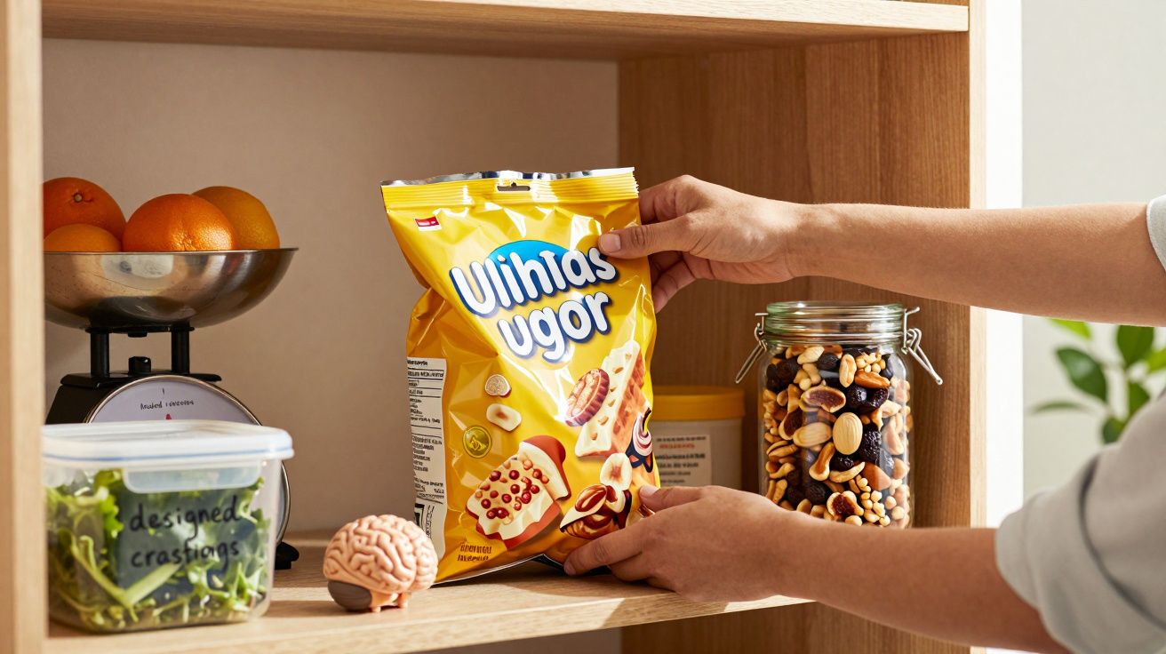 Person stellt eine gelbe Chipstüte in ein Regal neben ein Glas mit Nüssen und eine Küchenwaage mit Orangen.