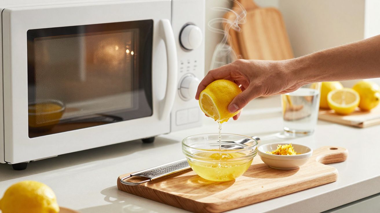 Hand presst Zitrone in Schüssel auf Holzbrett vor Mikrowelle, daneben Zitronenabrieb und Wasser.