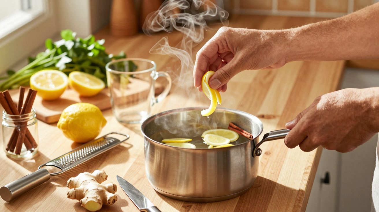 Person gibt Zitronenscheiben in einen Topf mit dampfendem Wasser, umgeben von frischen Zutaten auf der Küchenarbeitsplatte.
