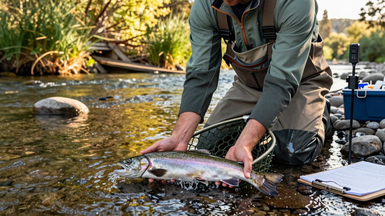 Fischer in Watthosen hält Regenbogenforelle im flachen Fluss, Angelzubehör und Notizbuch im Hintergrund.